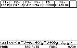 The image shows a TI graphing calculator with the following equation being solved:solve(x^2 - 6x + 2y^2 + 8y = 3, y)